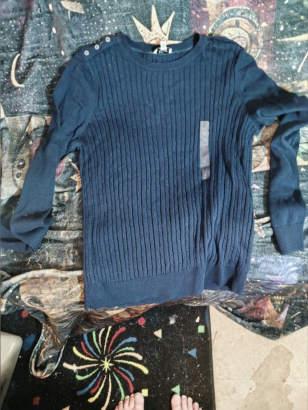 Kim Rogers Navy Ribbed Button-Shoulder Sweater - Picture 2 of 2